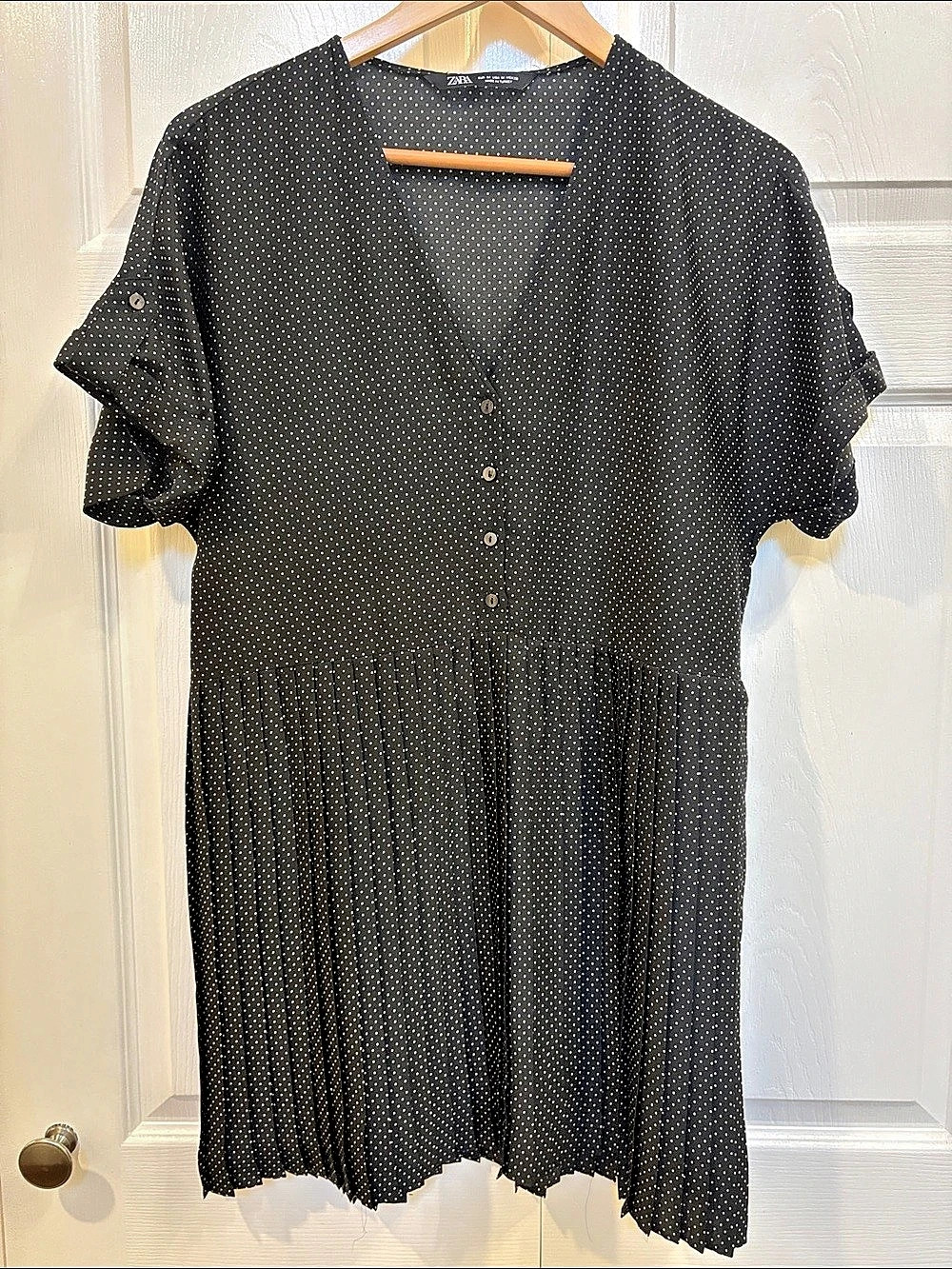 Zara Polka Dot Pleated Mini Dress in Black & White Size Medium